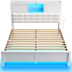 Rolanstar Bed Frame Queen Size with Charging Station, Bookcase Headboard Bed with LED Light and Sliding Doors, Platform Bed with Wooden Slats, No Box Spring Needed, Noise Free, White