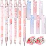 Uoeo Cute Mechanical Pencil Set for Kids- 6pcs Kawaii Juice Peach Mechanical Pencils with Erasers and 0.5mm Tubes Pencil Refills for Student Writing, Drawing, Sketching, Architecture, Pink