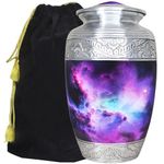 M MEILINXU Purple and Silver Cosmic Galaxy Large Urns, Funeral Cremation Urns for Human Ashes Adult, Aurora Borealis Decorative Urn for Burial or Home, Aluminum Urn for Ashes Female & Male - Engraved