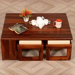 SheeshamCraft Dehran Stylish Coffee Table with 4 Stools,Sheesham Wood,Natural Honey Oak & Walnut,Ready-to-Use,12-Month Warranty (Natural Honey Oak)