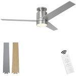 Flybull Ceiling Fan with Lights and Remote 52" Low Profile Ceiling Fan with 3 Light Colors, 6 Speeds, 3 Wood Blades, Modern Flush Mount Ceiling Fans for Bedroom Indoor Outdoor Use (Satin Nickel)