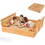 HONEY JOY 47x47 in Kids Sandbox with Cover, Outdoor Bottomless Sand Pit Play Station w/Liner, 2 Foldable Bench Seats for Sand Protection, Square Sand Boxes for Kids Backyard