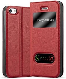 Cadorabo Funda Libro para Apple iPhone 5 / iPhone 5S / iPhone SE en Rojo AZRAFÁN - Cubierta Proteccíon con Cierre Magnético, Función de Suporte y 2 Ventanas- Etui Case Cover Carcasa