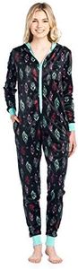 Ashford & Brooks Women's Fleece Hooded One Piece Pajama - Black Turquoise Feather - X-Large