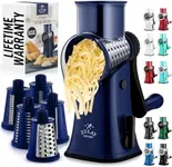 Zulay Rotary Cheese Grater 5 Blade Cheese Shredder - Manual Hand Crank Cheese Grater With Reinforced Suction & 5 Interchangeable Drums - Easy to Use Vegetable Chopper - Crystal Sapphire