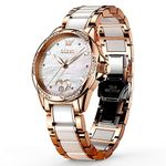 OLEVS Rose Gold Watches for Women Ceramic Bracelet Stainless Steel Band Women's Wrist Watch Big Face White Dial Automatic Watch Exquisite Fashion Diamond Ladies Dress Watch with Date