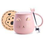 Pink Ceramic Coffee Mug Cute Cat Cup Handmade Tea Cups with Stainless Steel Spoon Kitty Cup,Hot Chocolate Novelty Mugs Christmas Birthday Gift for Girls Women (Pink)