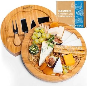 BlauKe Bamboo Cheese Board and Knife Set – 10 inch Round Charcuterie Board, Serving Tray, Platter, Wood Cheese Board Set – Gift Idea