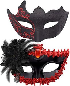 SIQUK Couple Masquerade Masks Plastic Venetian Party Mask Lace Halloween Costume Rhinestone Mardi Gras for Couples Women and Men Black & Red