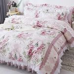 FADFAY,Romantic Flower Print Bedding Set,Floral Bed Set,Rustic Rural Bedding,Princess Lace Ruffle Duvet Cover California King King Queen Full Twin,4Pcs (King)