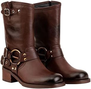 LUMUTA Women's Mid Calf Riding Boots Black Comfortable Round Toe Riding Causal Boots, Brown, 6 Wide