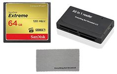 SanDisk Extreme 64GB CompactFlash CF Memory Card for Nikon D300, D300S, D810, Digital DSLR Cameras HD UDMA 7 (SDCFXSB-064G-G46) with Everything But Stromboli Combo Microfiber Cloth and Combo Reader