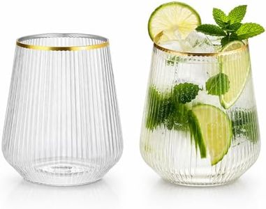 36 Count Origami Ripple Unbreakable Stemless Plastic Wine Champagne Whiskey Glasses Elegant Durable Disposable Indoor Outdoor Ideal for Home, Office, Bars, Wedding, Ribbed 12 Ounce Cups (Gold Rim)