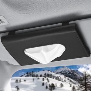 Car Tissue Holder - Durable Tissue Holder in Car with Ergonomic Take-Out Port, Easy Access PU Leather Design (9.1" L x 1.5" W x 4.7" H) - Refillable Tissues Organizer Attached with Metal Clips