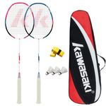 Kawasaki Badminton Racket Professional Graphite Badminton Set of 2 Lightweight Racquet for Sports, Training & Entertainment with 3 Badminton Shuttlecocks/2 Overgrips/1 Carrying bag (KD-3 RED BLUE)