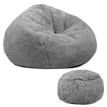 rucomfy Beanbags Hygge Faux Fur Bean Bag Chair for Adults - Extra Large Luxurious Fluffy Seating for Home Lounge and Bedroom - Arrives with Filling - 80 x 110cm (Grey with Matching Footstool)