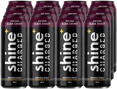 Shine Charged Healthy Energy Drink Carbonated Black Cherry - Sugar Free Performance Yerba Mate Nootropic, Natural Caffeine, Adaptogens & B Vitamins, 12 x 500ml