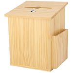 Wood Charity Donation collection Box Office suggestion Ballot Box With wide slot for envelopes and suggestion comment forms, side Pocket and Locking Hinged Lid & Pen for Table Or Counter-top(Natural)