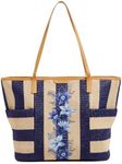 Vera Bradley Women's Straw Tote Bag, Navy Stripe Straw, One Size