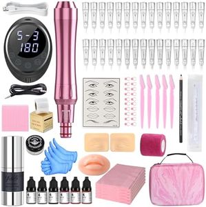 YBEAUTY Eyebrow Tattoo Machine Kit for Microblading Professional Complete Tattoo Gun Set with 30Pcs Needles for Eyebrow Tattoo Artists Beginners (024 - Red - Complete Set)