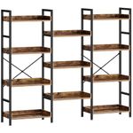 Rolanstar Triple Bookshelf, 4 Tier Industrial Bookshelf with Metal Frame, Rustic Brown Large Bookcase with Open Shelving, Wooden Storage Shelves, Wide Display Rack for Living Room