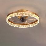 Fan Ceiling Light, K9 Crystal Ceiling Lamp with Remote Control Dimmable, Ultra-Thin 16.5cm Fan Lamp in Living Room and Bedroom, Reversible Fan,Gold