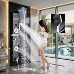 X-XONIER Stainless Steel 304 Grade Shower Panel 7in1+ Extra Large 3Ways Hand Shower Tower System With LED Rainfall Waterfall Shower 2Body Massage 4Mist Spray Temperature Display Shower Panel.(Black)
