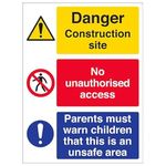 V Safety Warning Building Site - Multi Hazard Sitesafety Must Warn Children - 300 X 400MM Safety Sign With Snap Frame