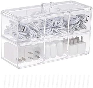 Yesesion Plastic Cable Management Boxes Set with Lid and 20 Wire Ties, Clear Power Cord Case with 3 Compartments, Electronics Organizer Desk Drawer Accessories Storage for Office Supply (2 Pack)