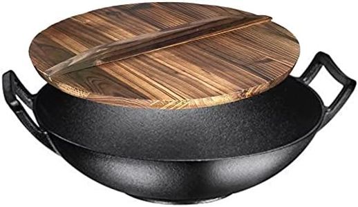 Bruntmor 14 Inch Pre-Seasoned Cast Iron Wok/ Pot. 14" Nonstick Skillet Pan With Large Loop Handles & Flat Base & Lightweight Wooden Pot Lid Cover. Koockingware For Kitchen/ Indoor/ Outdoor Camping.