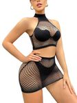 FasiCat Women's Mesh Lingerie Fishnet Babydoll Mini Dress Bodysuit See Through Shirts Long Sleeves Lingerie Bodysuit Cover Up, Black383, One Size