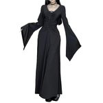 YINGWIN Women's Slim Long Dresses Dark Style Pleated Design V-Neck Vintage Evening Dress Gothic Witch Sleeve Maxi Dresses