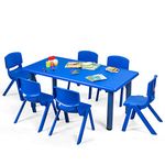 HONEY JOY Kids Table and 6 Chair Set, 47 x 23.5 Inch Children Rectangular Table with Stackable Seats, 7 Pcs Plastic Activity Toddler Furniture Set for Playroom Daycare, Gift for Boys Girls, Blue