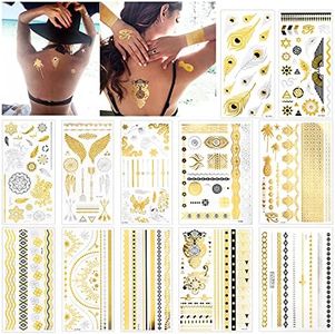 Konsait Tatuajes temporales para adultos Mujer Niños (12 hojas), impermeable Metálico Oro Flash Tatuaje Temporal Adhesivos, Flores Flechas Plumas Pulseras Muñequera