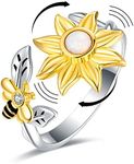 Sunflower Fidget Spin Bee Rings - 925 Sterling Silver Adjustable Open Ring Opal You are My Sunshine Ring Spinner Chrismas Mother's Day Birthday Jewery Gift for Teen Girls Women