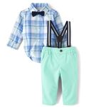 The Children's Place baby-boys And Newborn Long Sleeve Dress Shirt and Pants 2-piece Set, Mellow Aqua Set, 6-9 Months