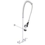 DuraSteel Commercial Kitchen Wall Mount Pre-Rinse Faucet, 38” Height 8” Center with Coiled Spring Pull Down Sprayer, NSF Approved, Brass Constructed Polished Chrome Body, 1 Set