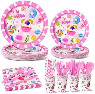 Vaisselle Anniversaire Sucreries, 192 Pcs Vaisselle de Fête Kit Vaisselles Anniversaire Fille Assiettes Carton Gobelet Serviettes Paille, Fournitures de Fête pour Sucreries, Baby Shower- 24 invités