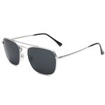 Jim Halo Retro Square Pilot Sunglasses Premium Glass Lens Flat Metal Eyewear Men Women (Silver/Grey)