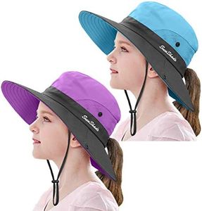 2 Pieces 5-14Y Kids Summer Sun Hat Wide Brim UV Protection for Girls Ponytail Beach Bucket Cap, Purple＆sky Blue, One Size