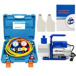 Yaetek R410A R134A R22 4.8 CFM 1/3HP Vacuum Pump HVAC A/C Refrigerant Rotary Vane Air Vacuum Pump Single Stage W/ 4 Hoses 4 VALVE MANIFOLD GAUGE Set