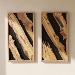 Natural Wood Framed Olive Wood Wall Art - 2 Piece Solid Wood Diptych for Living Room, Office & Bedroom Decor - Handcrafted Live Edge Set for Modern Interior Hanging 24"x60"
