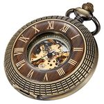 Tiong Vintage Mechanical Pocket Watch Wood Grain Hollow Design Men's Steampunk Roman Numerals Pocket Watch with Chain &Box