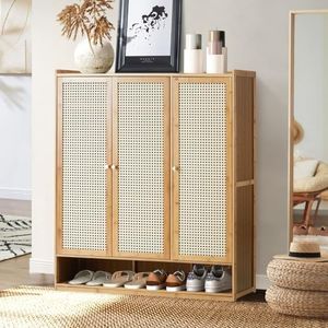 Oikiture Shoe Storage Cabinet with Rattan Door Wooden Shoe Rack with 7-Tiers Shoe Storage Shelves