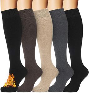 Knee High Socks for Women Boot Black Long Thick Warm Winter Socks Support For Hiking Work(5 Pairs Assort)