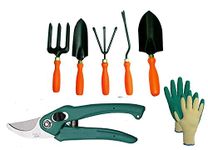 Easy Gardening - 701 - Garden Tools Kit (6Tools) and Knit Gardening Gloves - Weeder,Trowel Big,Trowel Small,Cultivator,Fork, Pruner