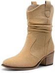 DREAM PAIRS Women's Modern Western Cowboy Boots, Mid Calf Round toe Chunky Heel Cowgirl Country Ankle Boots with Pull On Tabs,Size 8,Khaki-Suede,SDMB2408W