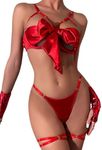 Lilosy Sexy Underwire Floral Lace Sheer Lingerie Set for Women See Through Bra and Panty 2 Piece, Knot Front Red, Small