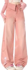 kakarin choyx Fashion High Waisted Straight Leg Jeans Casual Waist Neckline Style Design Star Prints Y2K Baggy Denim Pants S Pink