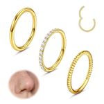 Diamday 3pcs Nose Rings Hoops 316L Surgical Steel Septum Ring CZ Nose Piercing Helix Hoops Cartilage Earrings 18G Gold Nose Ring Tragus Piercing Conch Rook Daith Earrings Clicker Lip Ring 10MM